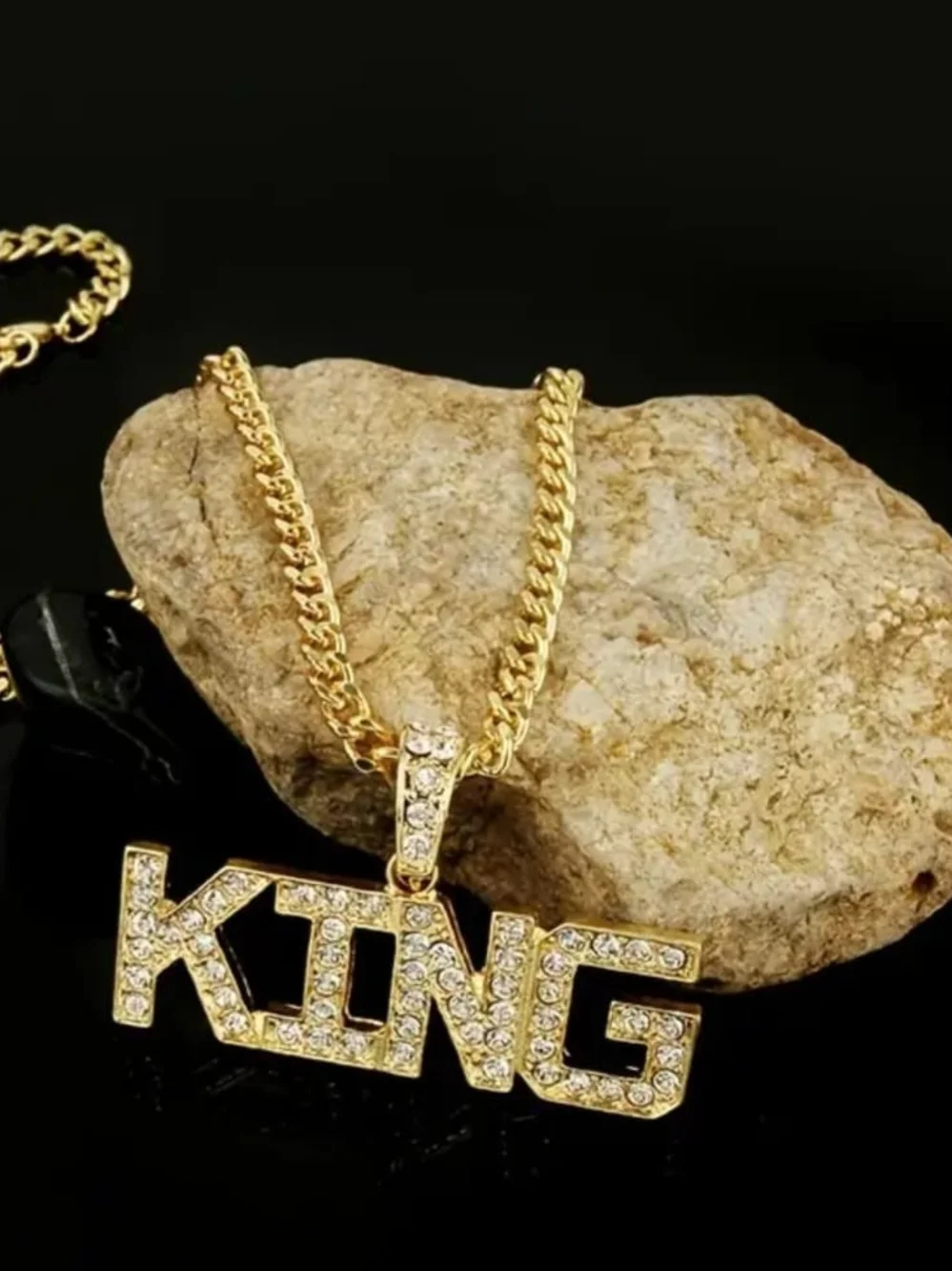 Gold 'KING' Pendant Necklace with Rhinestones